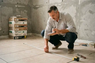 Homme mesurant la surface de carrelage au sol dans une salle de bain en cours de rénovation pour estimer le prix au m²