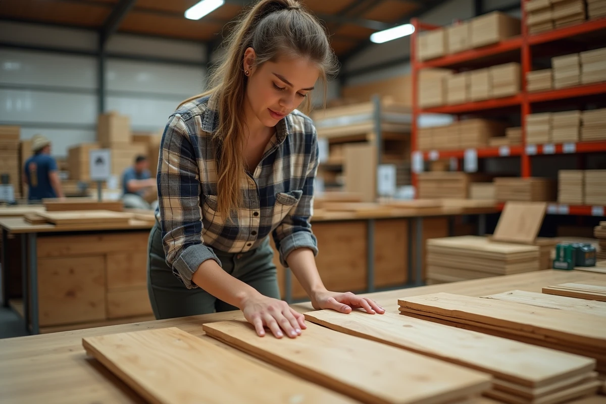 Jeune femme comparant des panneaux en bois dans un magasin de bricolage