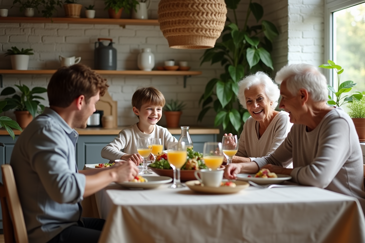 Famille multigeneration partageant un brunch convivial à la ferme