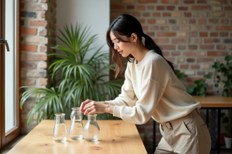 Femme arrangeant des verres dans un appartement lumineux
