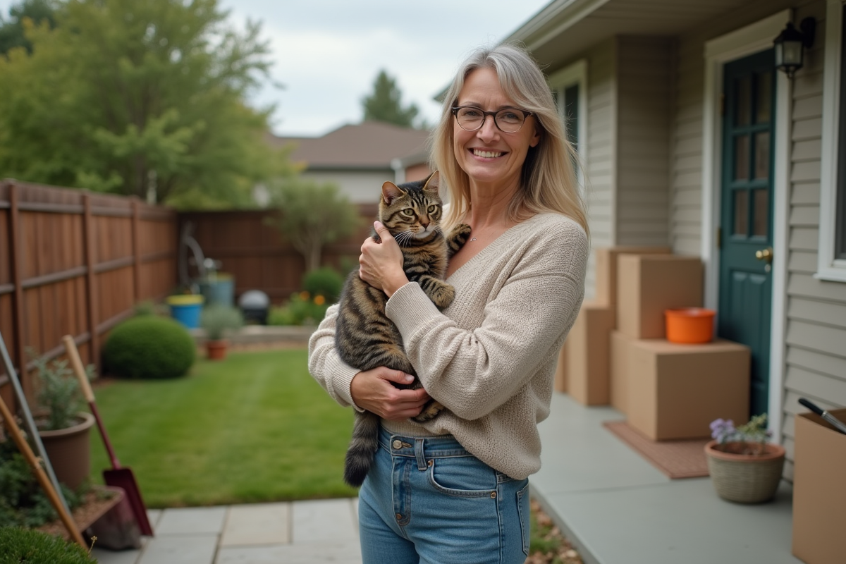 Femme avec chat tigré dans un jardin en extérieur