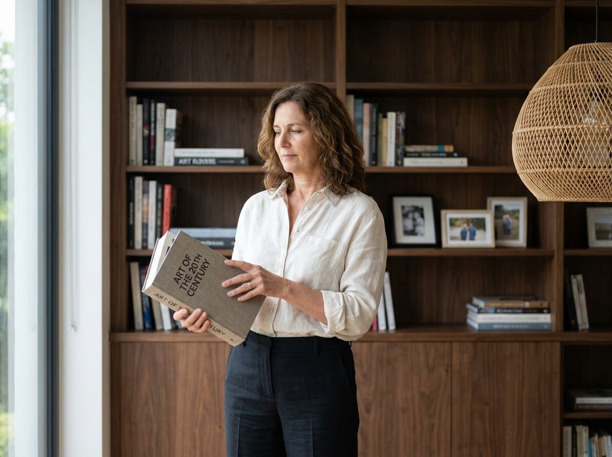 Femme consultant sa bibliothèque en bois de noyer dans un salon contemporain lumineux