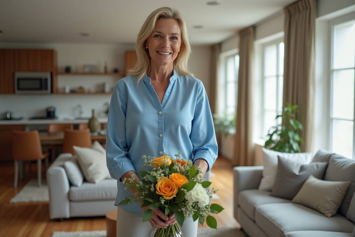 Femme confiante arrange un bouquet dans un intérieur moderne