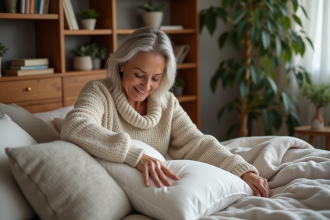 Femme d'âge moyen arrangeant des coussins dans une chambre chaleureuse