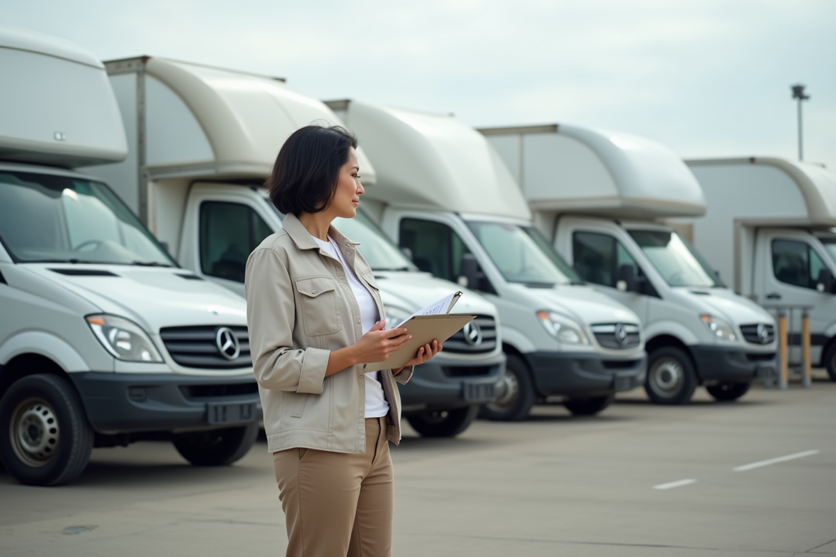 Femme examinant des camions de déménagement dans un lot de location