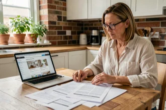 Femme comparant des devis de travaux sur table avec documents imprimés et ordinateur portable dans une cuisine moderne