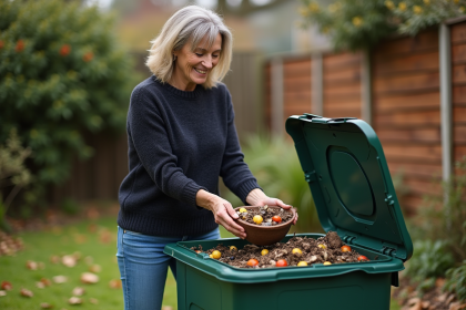 Femme en jardin compostant ses déchets organiques