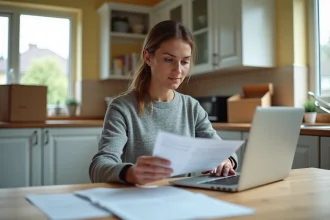 Femme consultant un contrat EDF lors d'un déménagement avec un ordinateur portable et des documents sur une table de cuisine