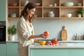 Femme arrangeant accessoires dans cuisine moderne vert menthe