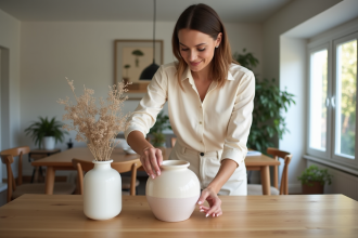 Femme élégante arrangeant un vase en céramique dans un intérieur moderne