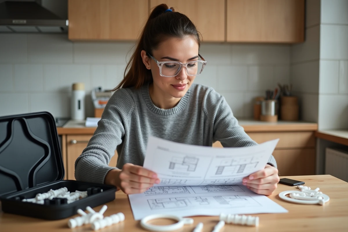 Femme consultant un schéma électrique avec des dominos électriques posés sur une table de cuisine