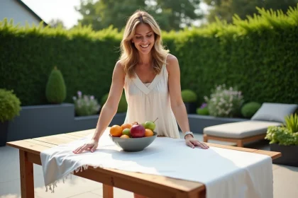 Femme souriante arrangeant une nappe en vinyle sur une table extérieure