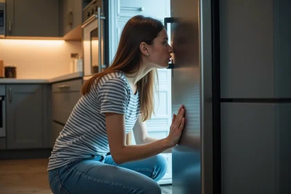 Femme à côté d'un frigo ouvert écoute attentivement