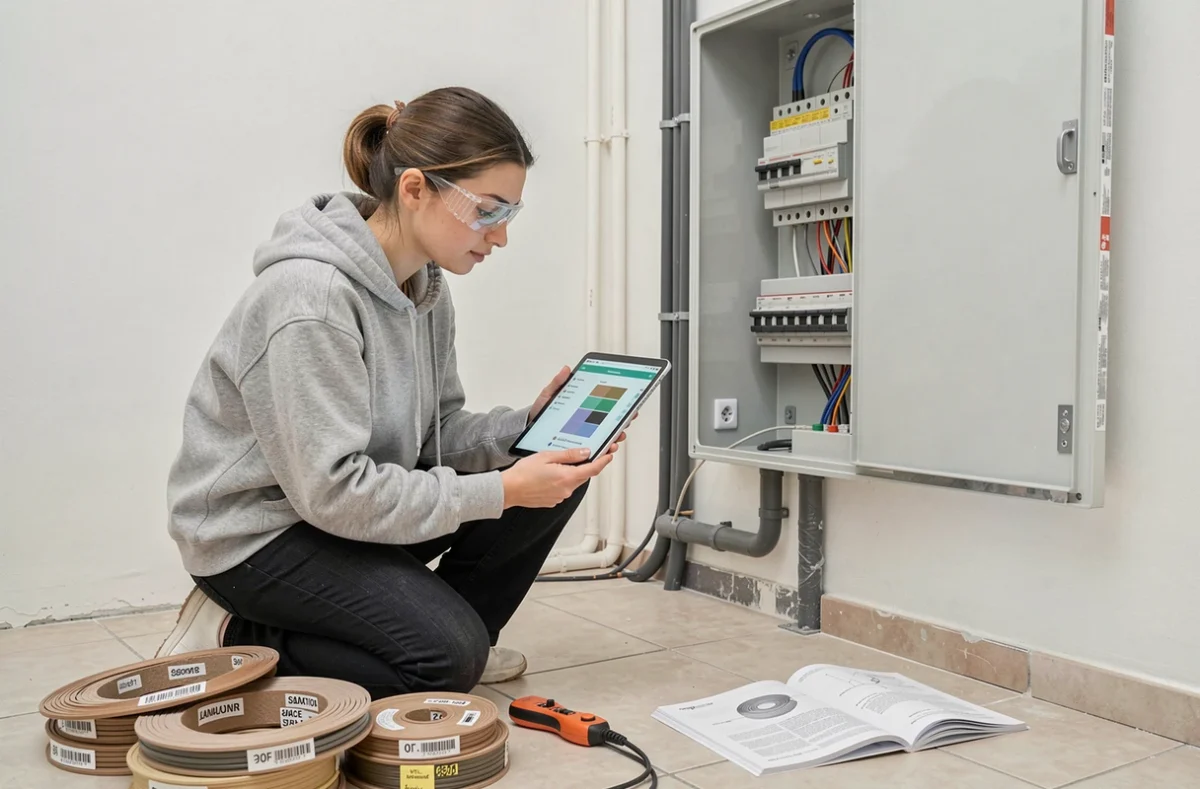 Femme électricienne consultant un guide de sélection de section câbles devant un tableau électrique résidentiel en rénovation