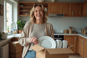 Femme moyenne âge emballant des assiettes dans une cuisine chaleureuse