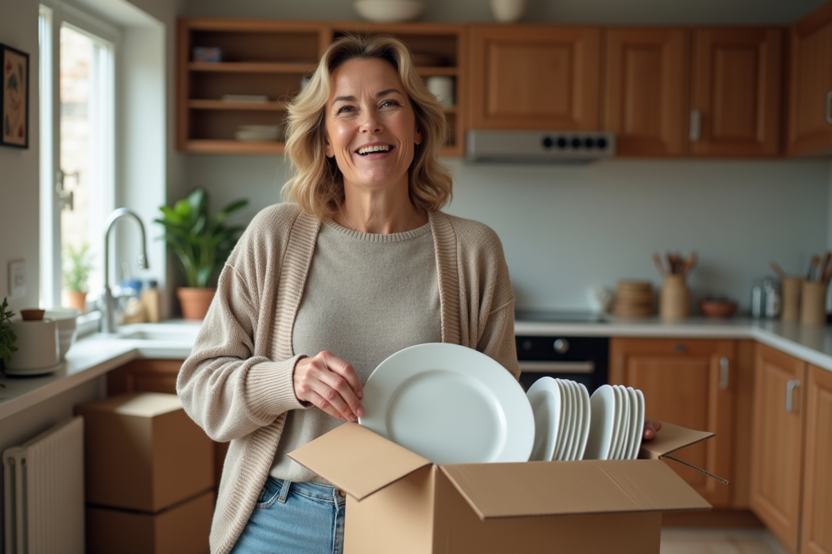 Femme moyenne âge emballant des assiettes dans une cuisine chaleureuse