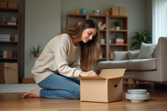 Femme emballant des plats dans une pièce spacieuse