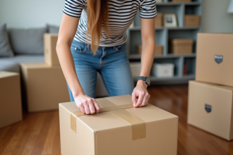 Jeune femme emballant une boîte de déménagement dans un salon moderne