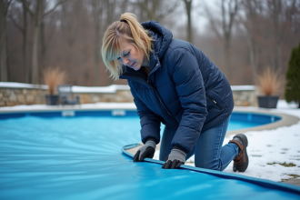 Femme en veste d'hiver sécurise la couverture de la piscine