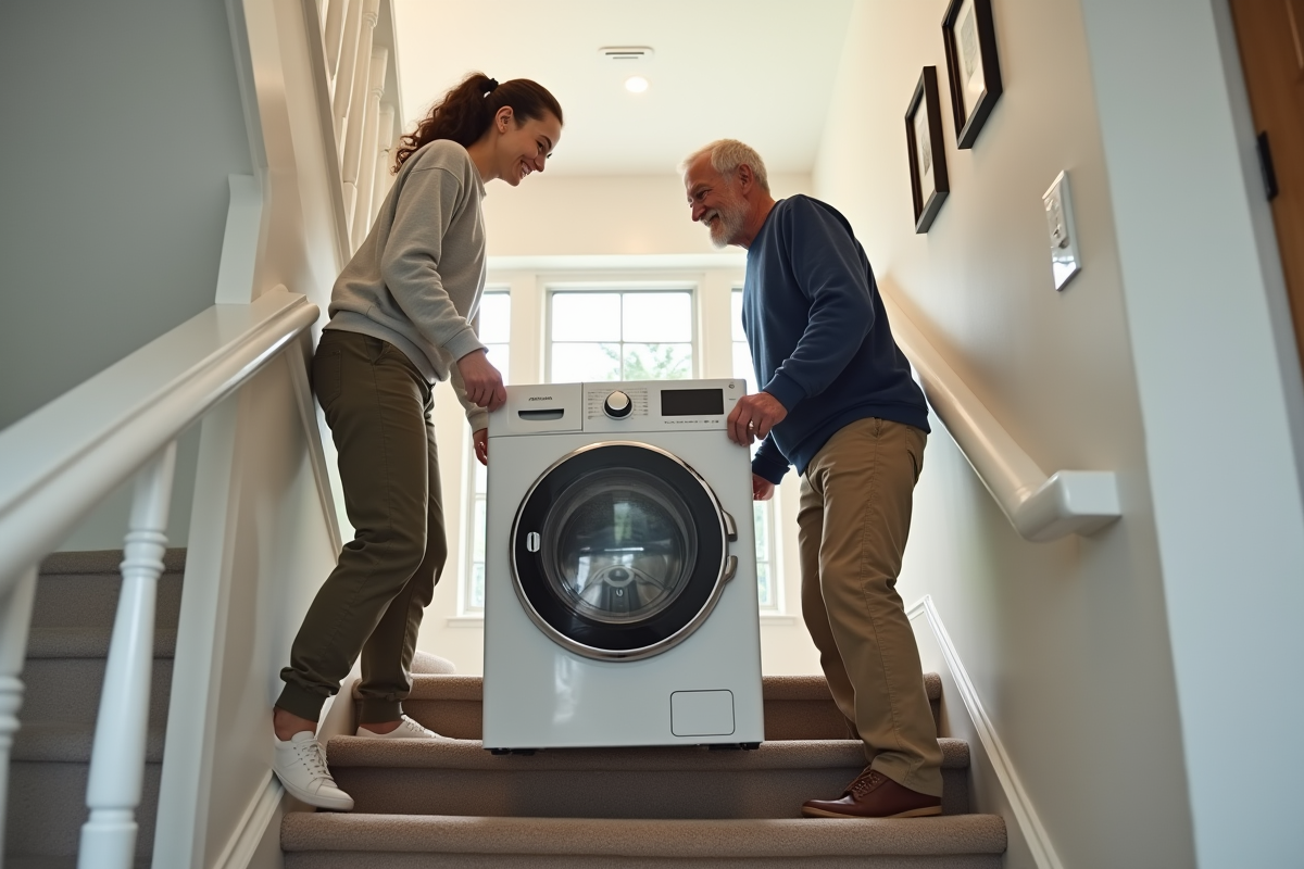 Femme aidant un homme à descendre un lave-linge dans un intérieur moderne