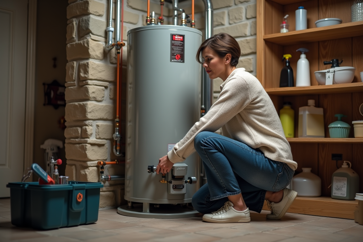 Femme inspectant un chauffe-eau dans un sous-sol