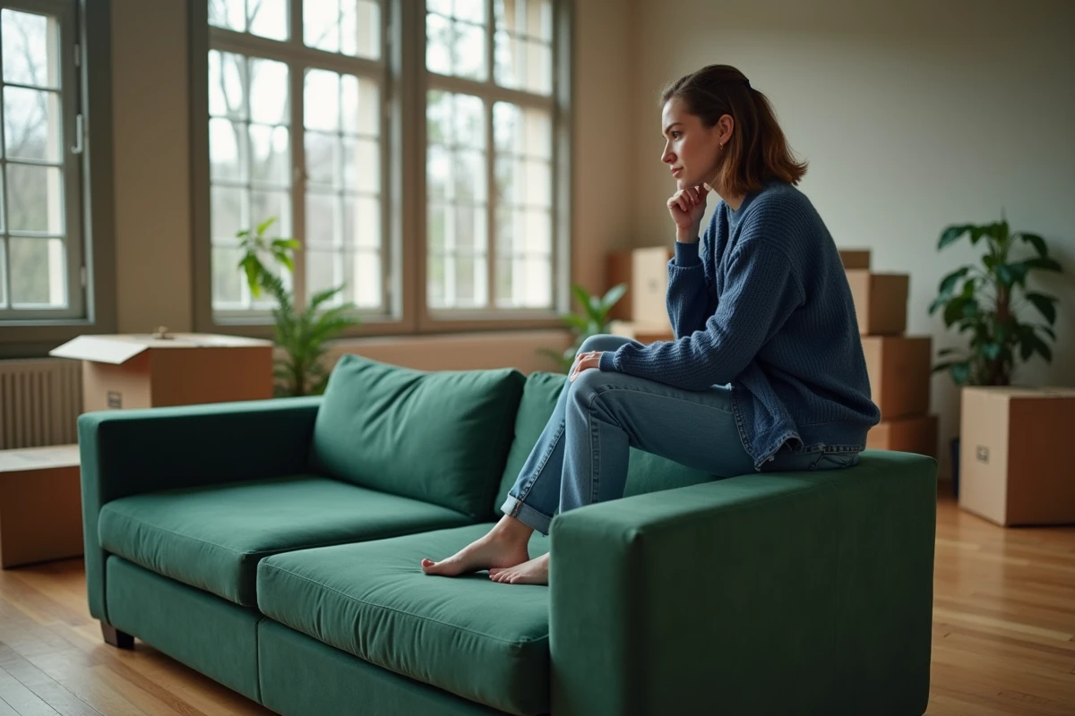Jeune femme examine son vieux sofa dans son salon