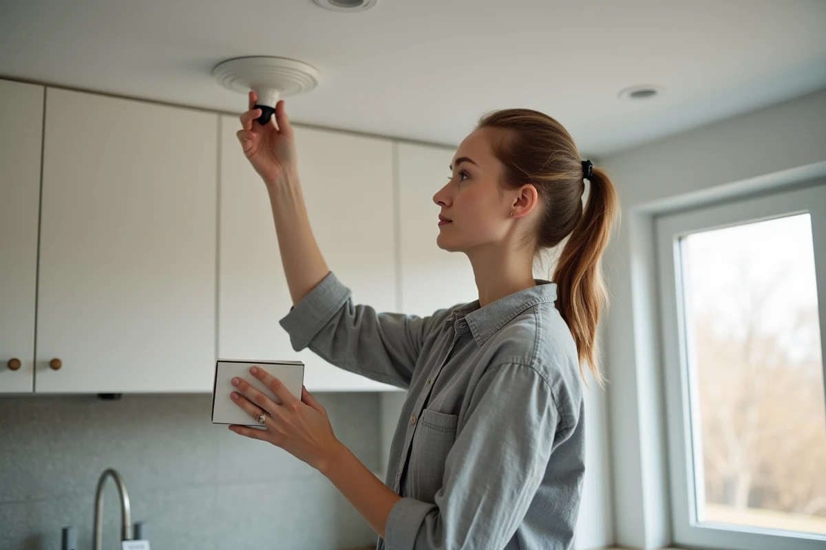 Femme installant une ampoule LED dans un spot encastré de cuisine en lisant l'emballage indiquant les lumens