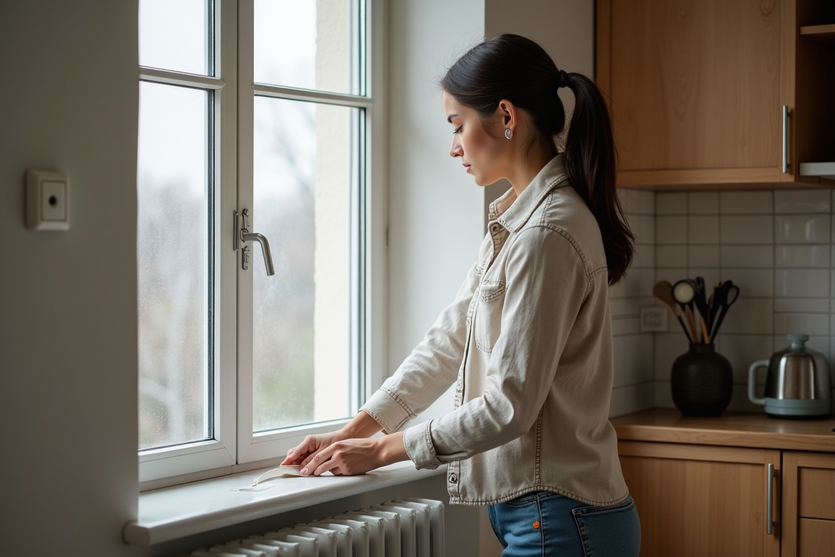 Jeune femme appliquant une bande isolante sur une fenêtre de cuisine