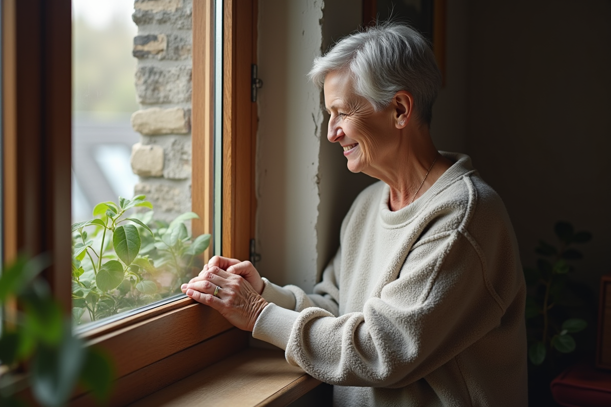 Femme appliquant joint d'étanchéité sur une vieille fenêtre en bois