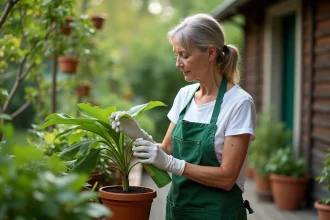 Femme en jardinage écologique avec spray naturel