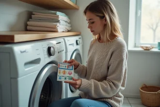 Jeune femme vérifiant le tiroir à lessive dans une buanderie