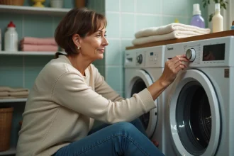Femme d'âge moyen dans une buanderie examine une machine à laver