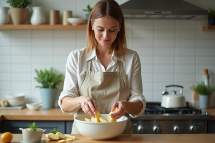 Femme lavant des pommes de terre tranchées dans un bol en cuisine