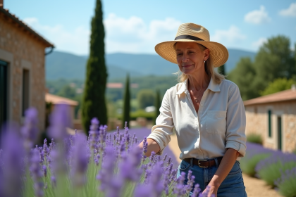 Femme en chapeau de paille et blouse en lin dans un jardin de lavande