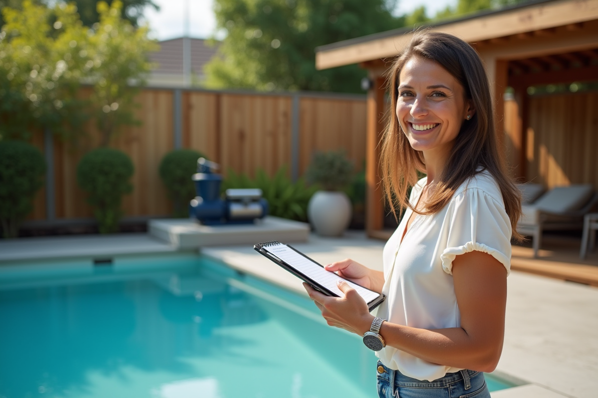 Femme souriante vérifie un carnet de maintenance près de la piscine