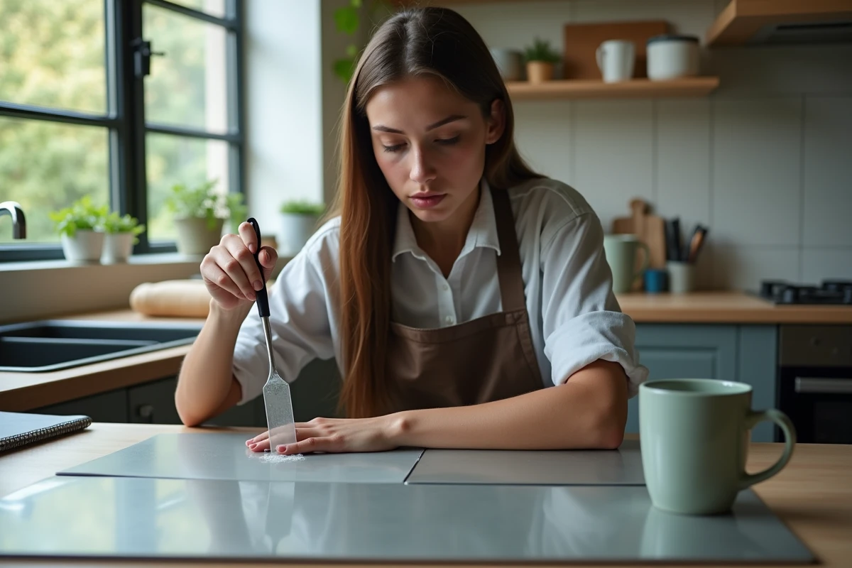 Jeune femme préparant de la résine pour collage sur métal