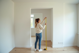 Femme mesurant une pièce blanche avec un ruban