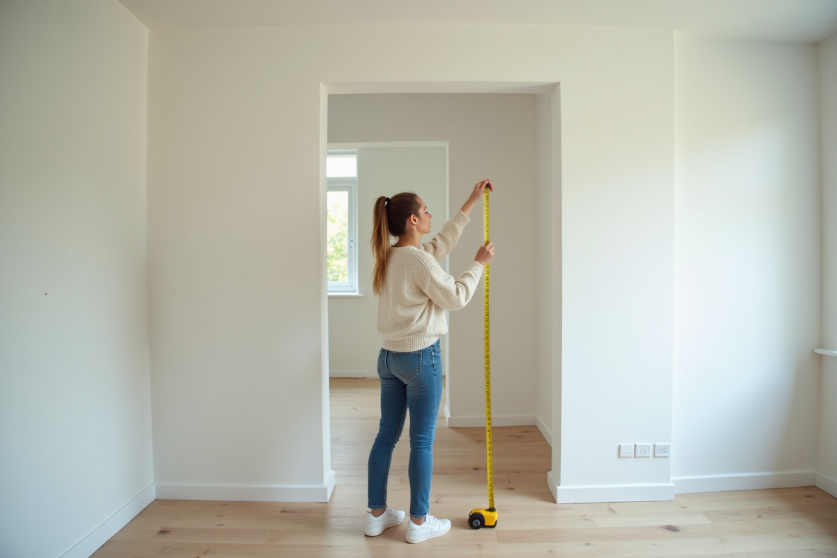 Femme mesurant une pièce blanche avec un ruban