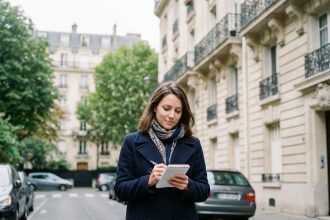 Femme en manteau navy dans une rue de Neuilly sur Seine