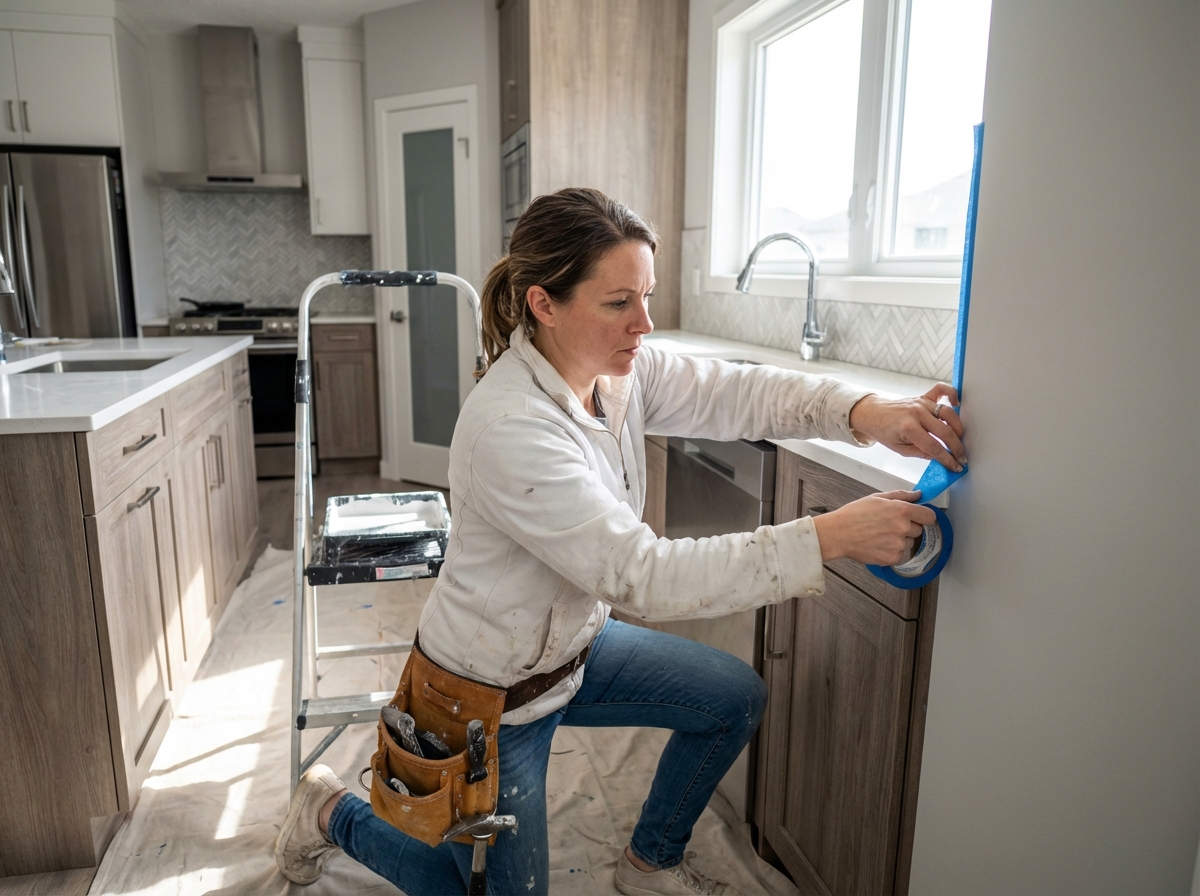 Femme peintre appliquant du ruban dans cuisine moderne