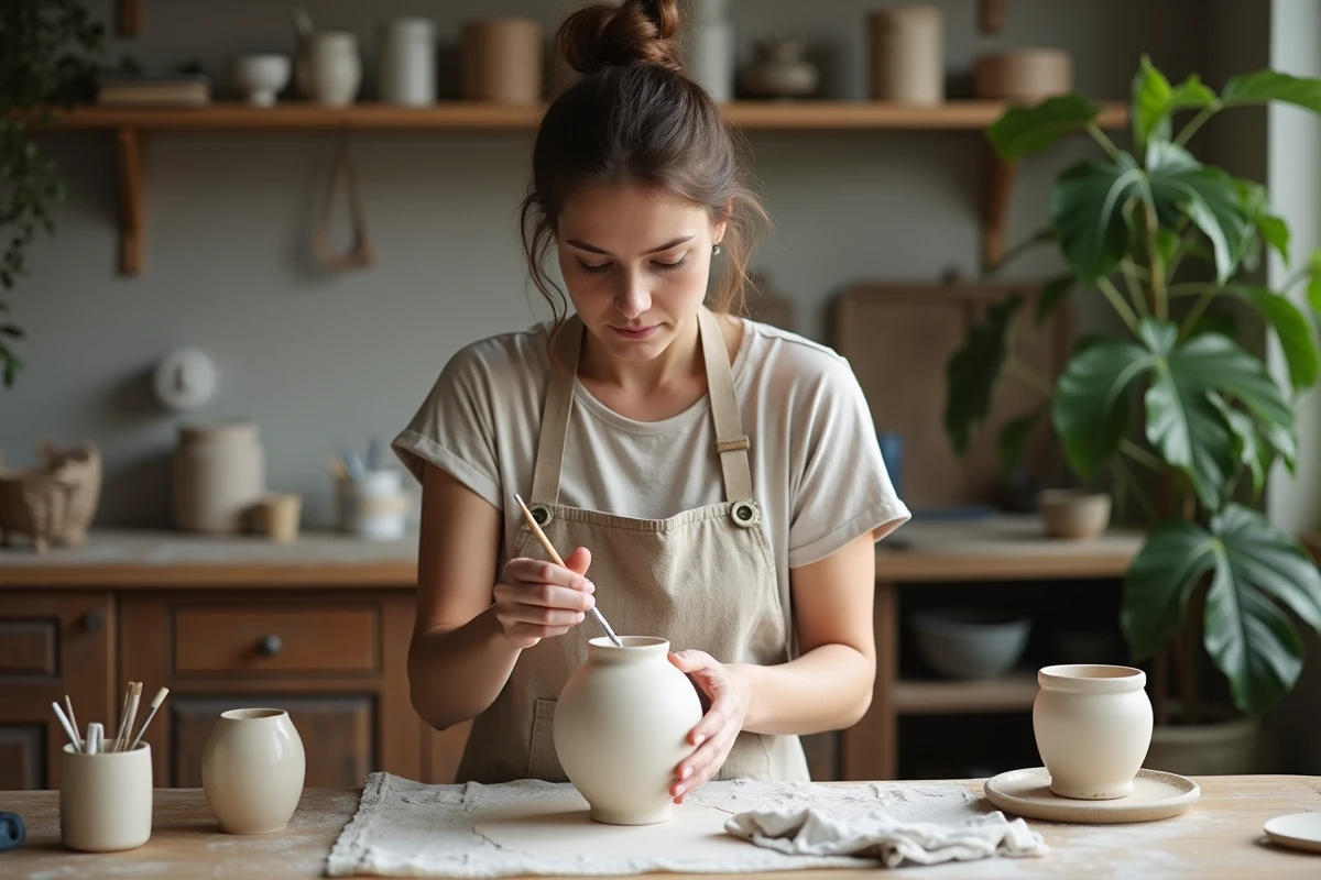 Femme appliquant de la peinture sur un vase en argile blanche
