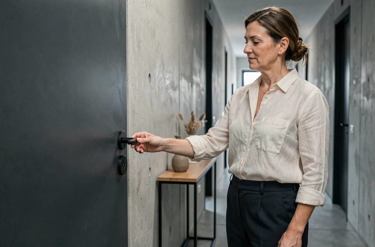 Femme actionnant une poignée de porte intérieure design noire dans un couloir d'appartement moderne