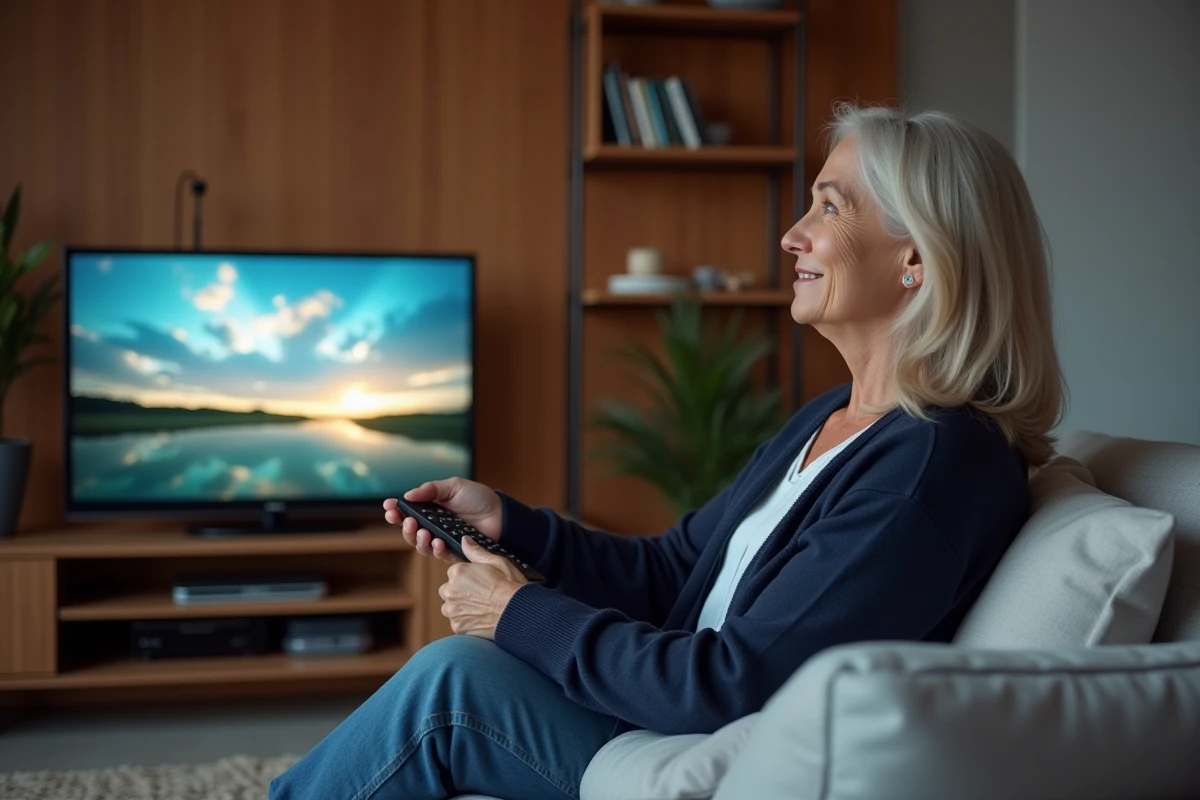 Femme regardant la télévision avec une antenne TV intérieure et une box internet installées dans un salon confortable
