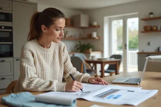 Femme en rénovation plans dans une cuisine lumineuse