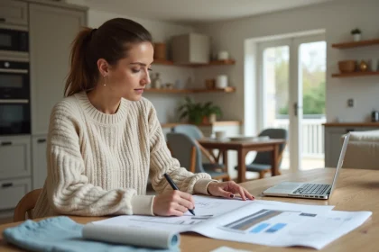 Femme en rénovation plans dans une cuisine lumineuse