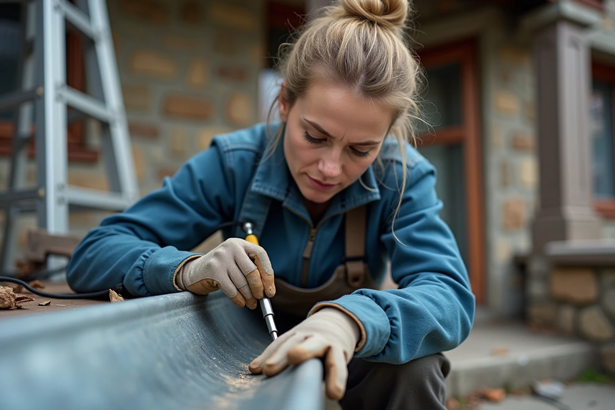 Femme réparant une gouttière en zinc avec un fer à souder
