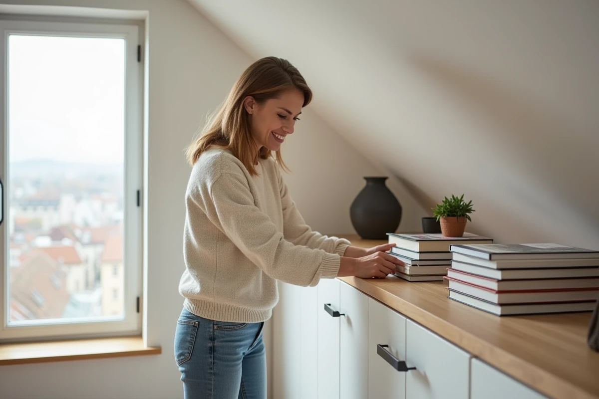 Femme souriante arrangeant des livres de design dans un loft lumineux