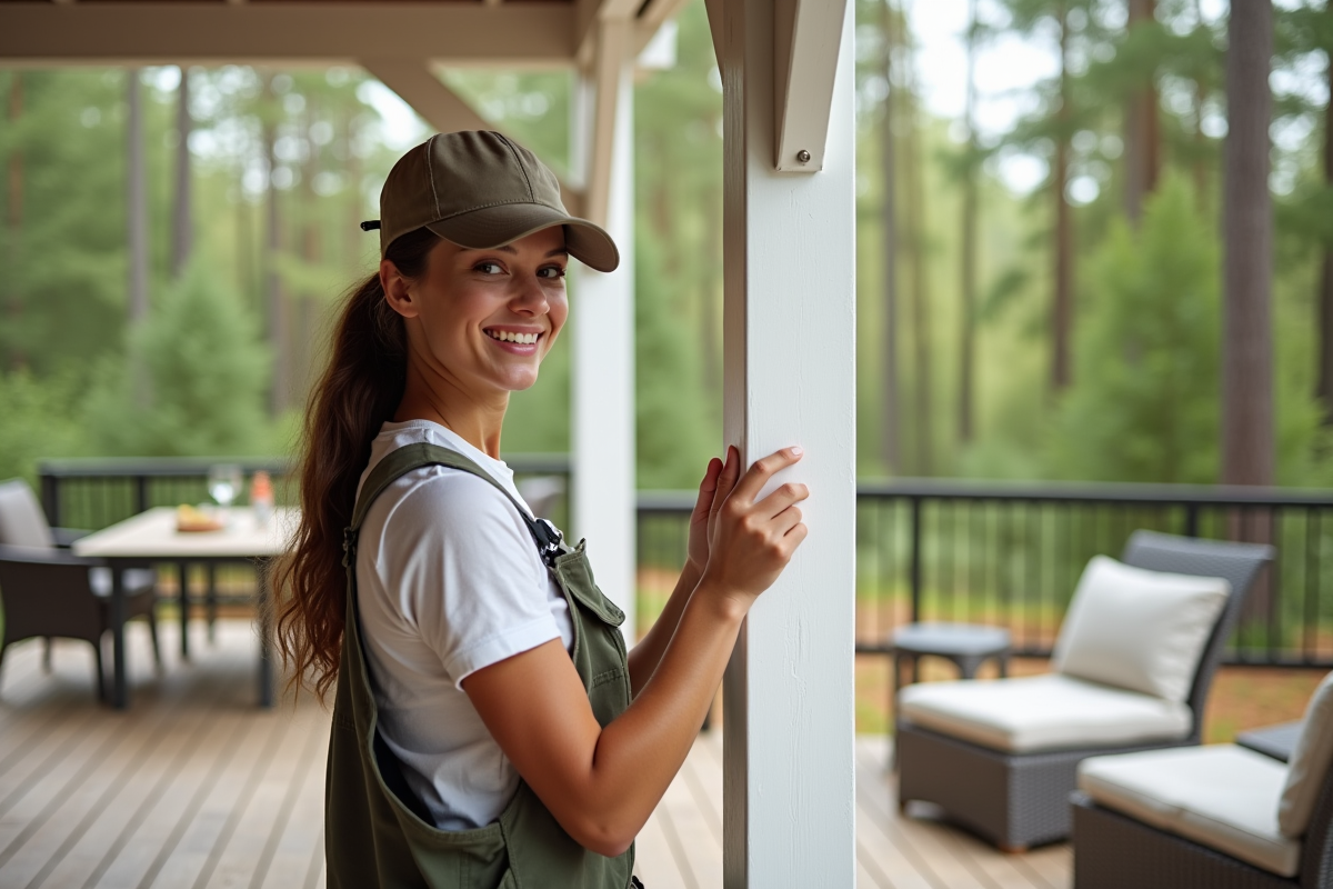 Jeune femme ajustant un boulon sur la structure du gazebo
