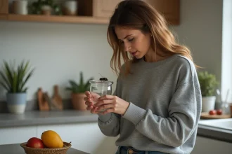 Femme examinant une trappe à fruits dans la cuisine