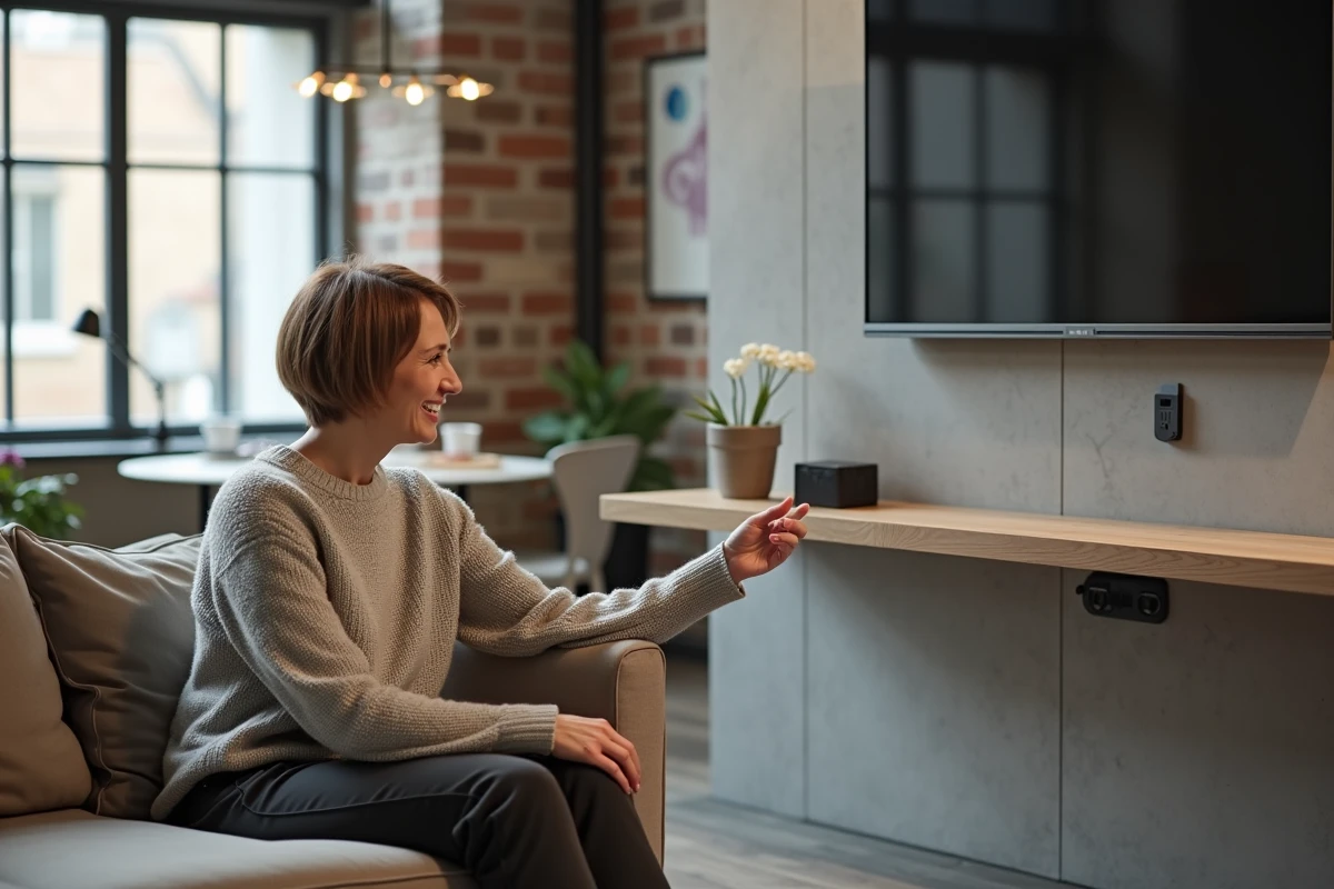 Femme examinant une prise TV intégrée dans un mur en béton